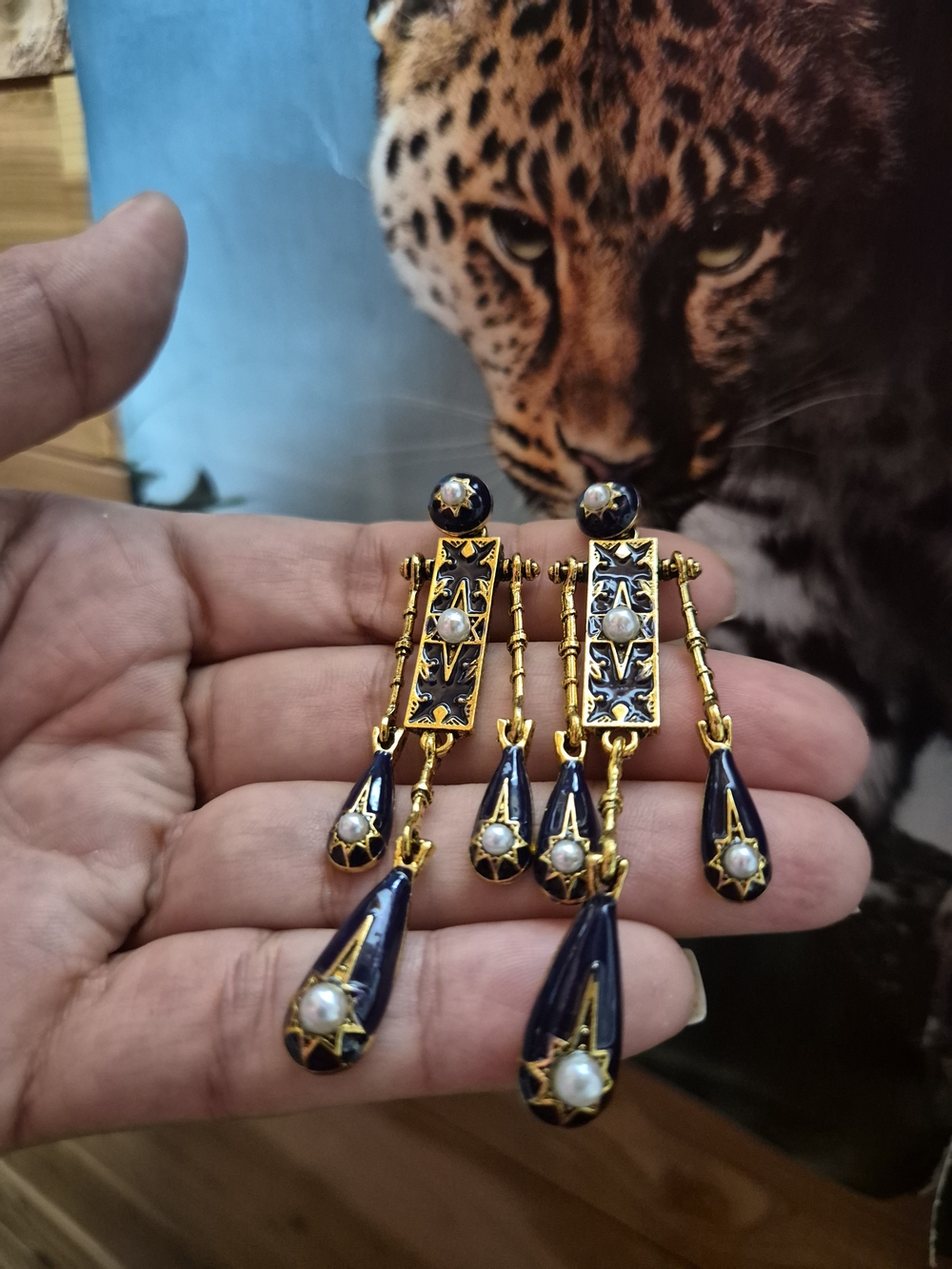 Gold-Tone Navy Enamel Drop Earrings with Faux Pearls